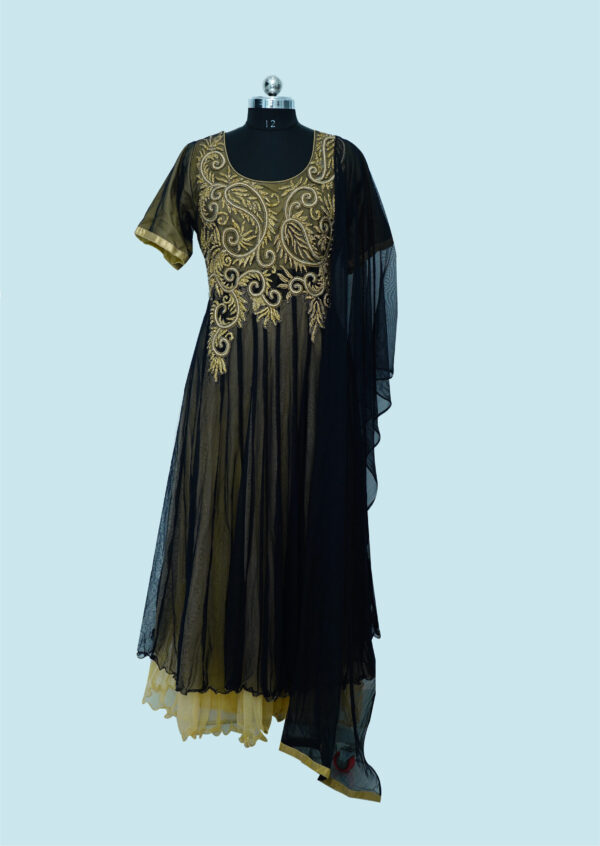 Black & Gold colour Party wear Long frock with Embroidery work