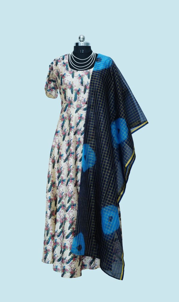 Cream colour Long dress with peacock Print & blue Dupatta