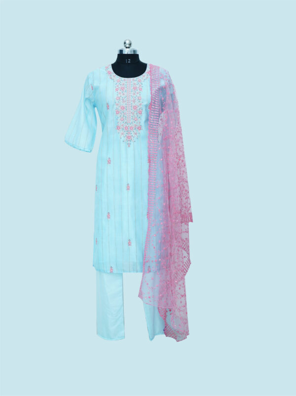 Embroidered Sky Blue Colour Kurti & Bottom with Pink Dupatta.3Pc set