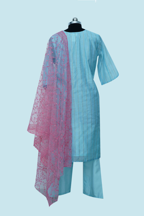 Embroidered Sky Blue Colour Kurti & Bottom with Pink Dupatta.3Pc set - Image 2