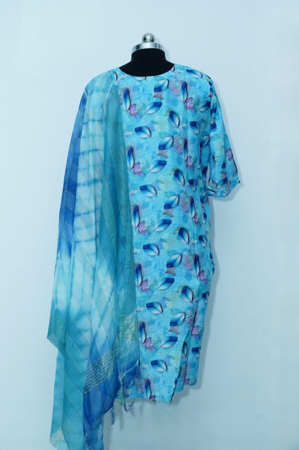 Leafy design Blue colour Kurti with Dupatta. - Image 2