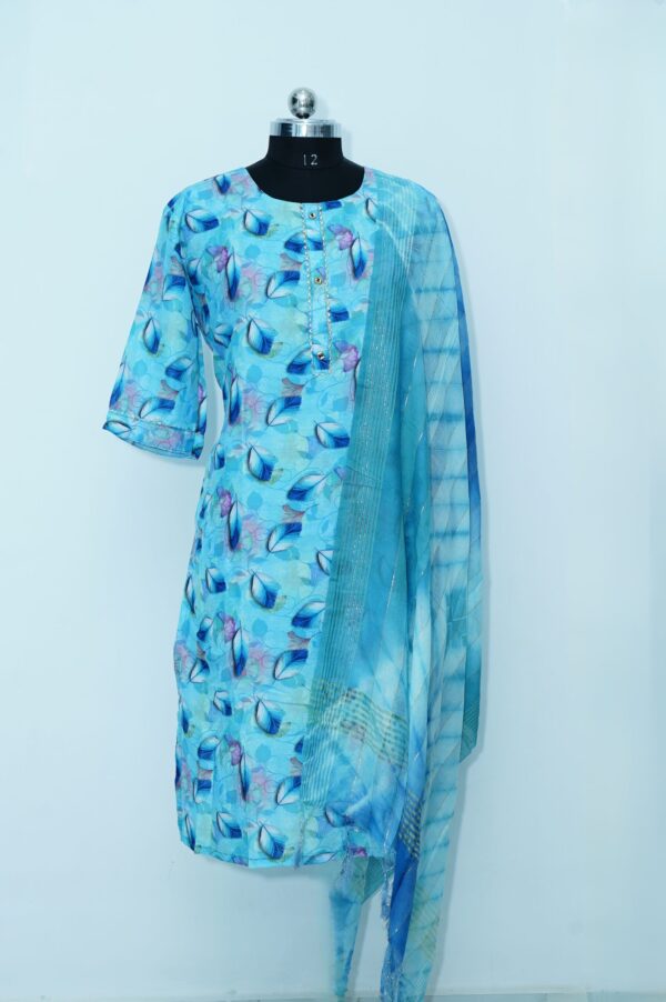 Leafy design Blue colour Kurti with Dupatta.