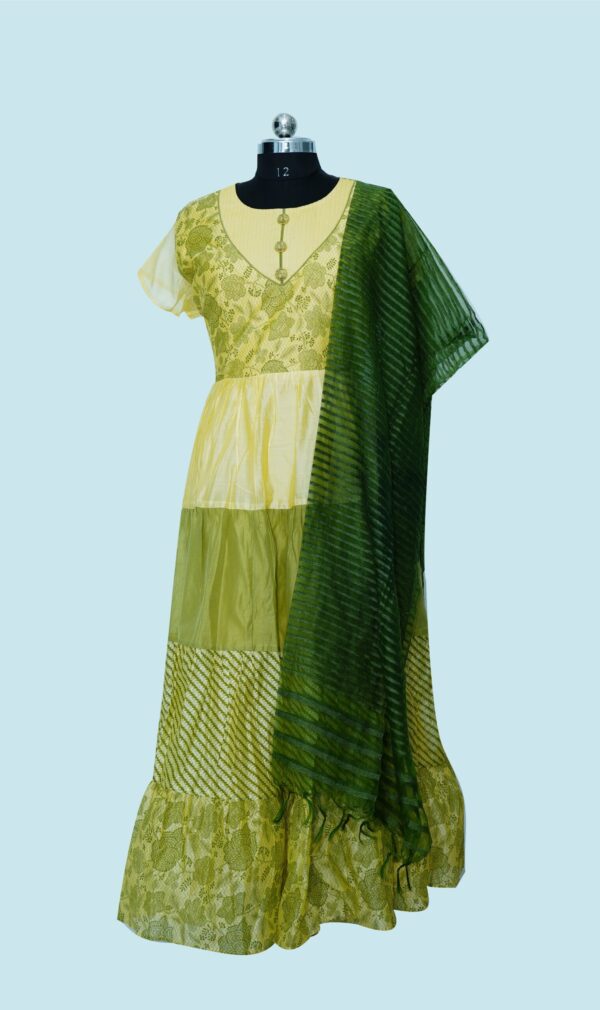 Lemon Yellow & Green Long dress with Green Dupatta.