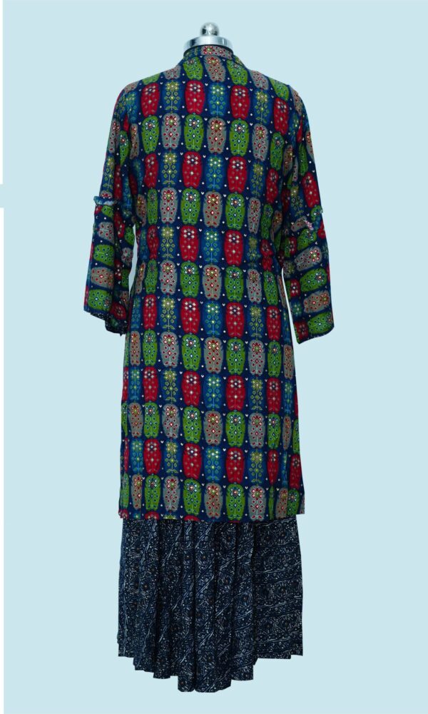 Navy Blue Long Dress with Multi colour Coat 2Pc set - Image 2