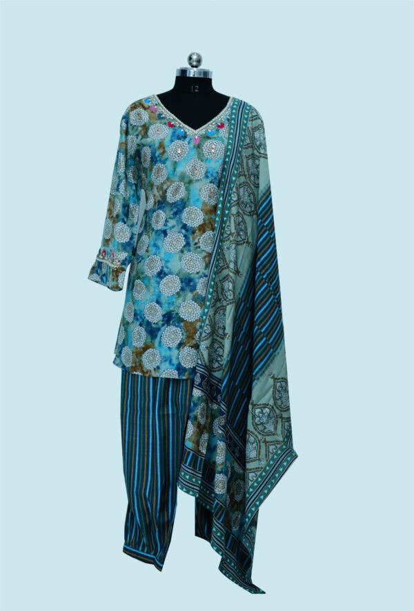 Peacock Blue Printed Kurti with Bottom & Dupatta