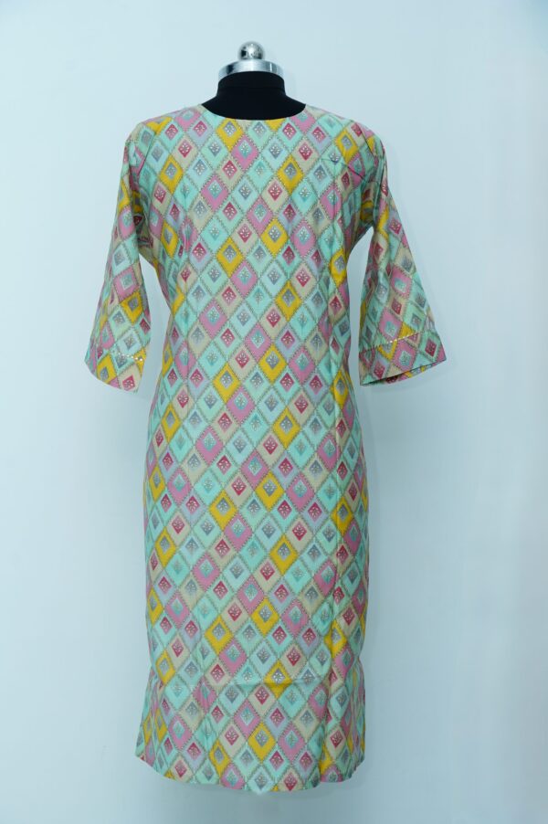 Sea Green Kurti with yellow & pink design - Image 2