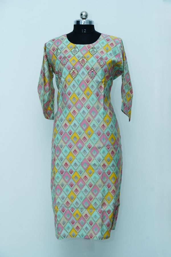 Sea Green Kurti with yellow & pink design